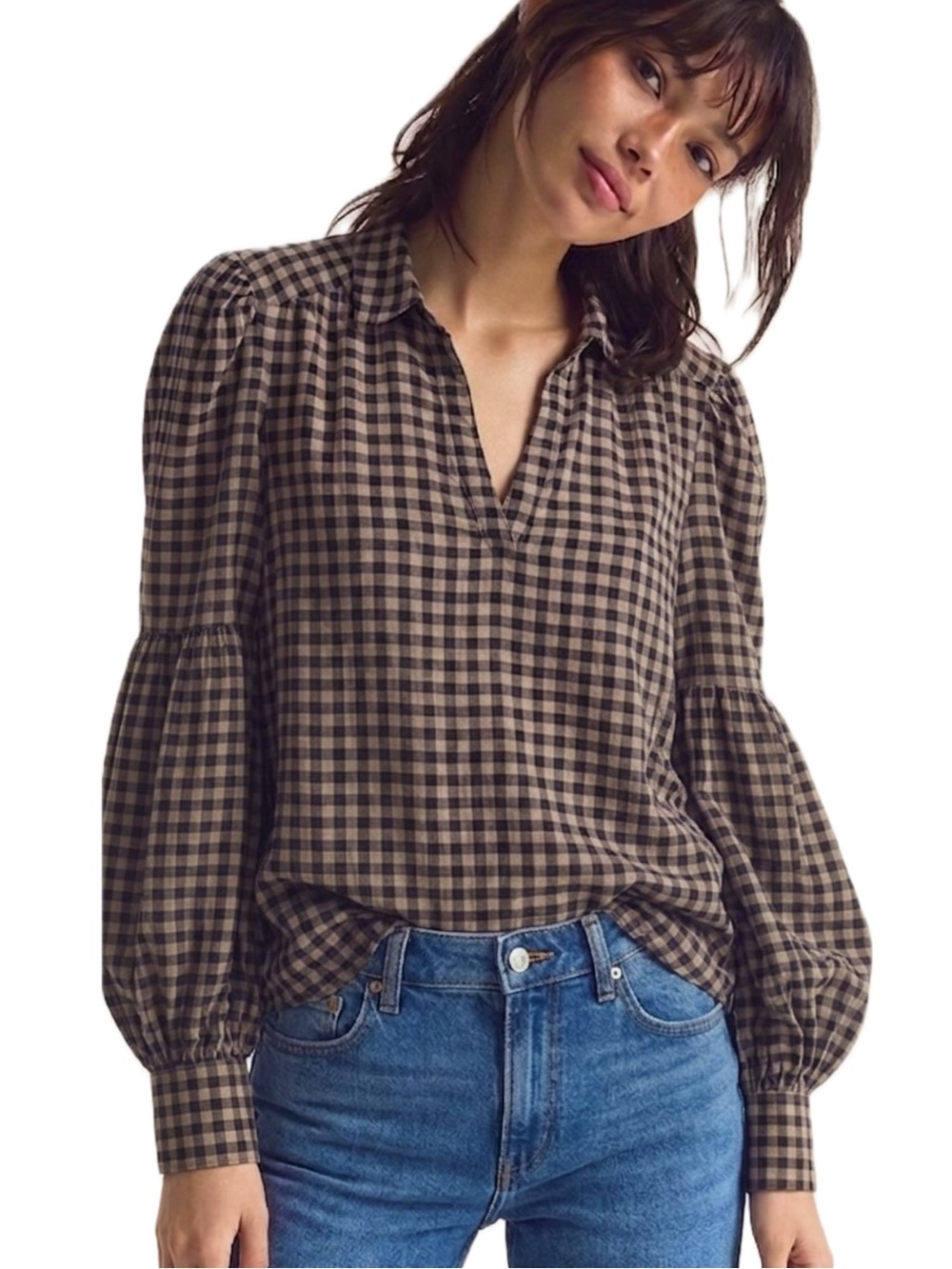 Treasure & Bond Gingham Plaid Popover Shirt Size Small Long Puff Sleeve Flowy